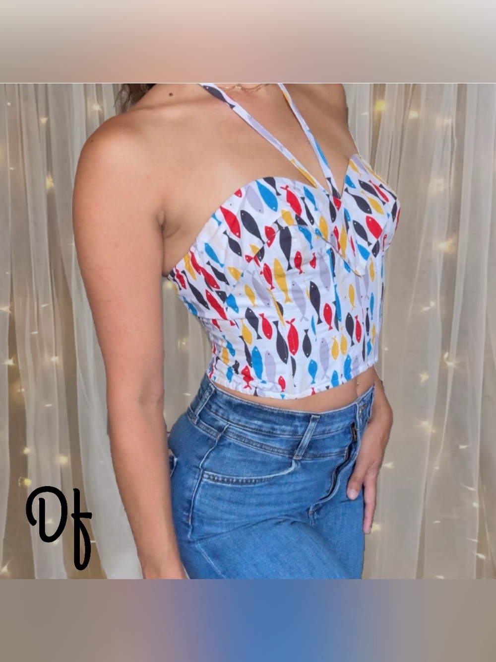 Women’s Fish-Print White Halter Corset Crop Top Size S